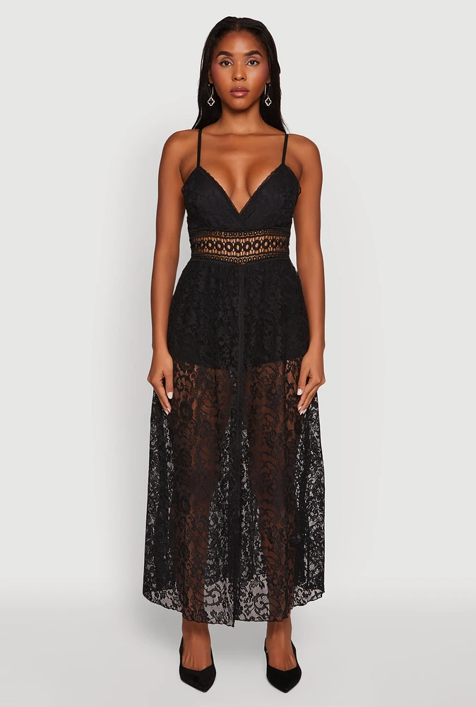 Womens Crochet Waist Detail Lace Maxi Romper, Black, Size XL