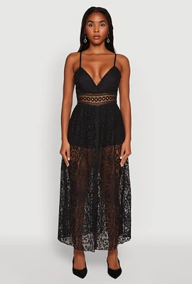 Womens Crochet Waist Detail Lace Maxi Romper, Black, Size XL