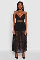 Womens Crochet Waist Detail Lace Maxi Romper, Black, Size XL
