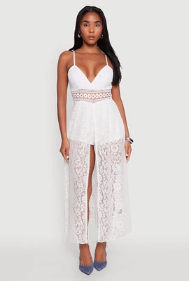 Womens Crochet Waist Detail Lace Maxi Romper, White, Size L