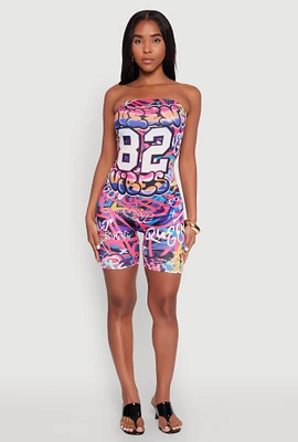 Womens Queen 82 Vibes Graffiti Print Tube Romper, Multi, Size L