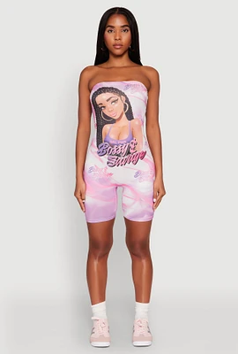 Womens Bossy and Savage Graphic Tube Romper, Pink, Size L