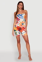 Womens Abstract Floral Print Tube Romper, Multi,