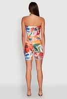 Womens Abstract Floral Print Tube Romper, Multi,