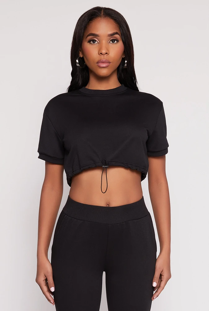 Womens French Terry Toggle Drawstring Hem Crop Top, L