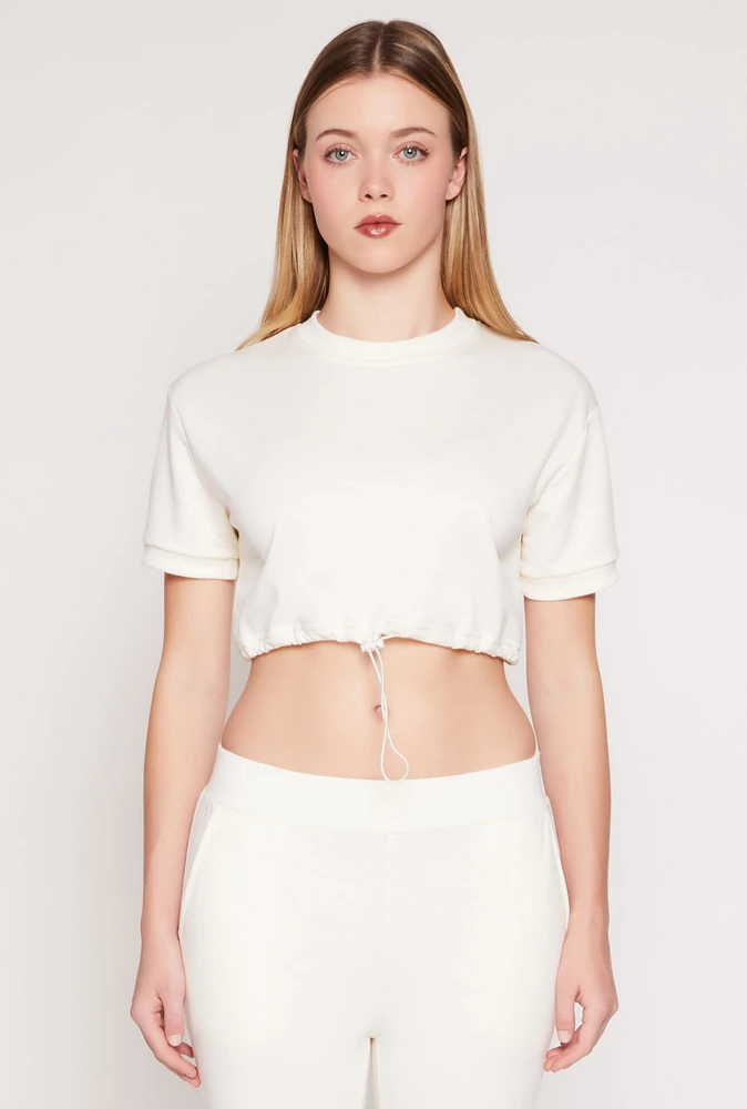 Womens French Terry Toggle Drawstring Hem Crop Top, White,