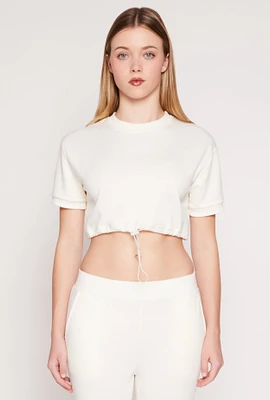 Womens French Terry Toggle Drawstring Hem Crop Top, White,