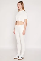 Womens French Terry Toggle Drawstring Hem Crop Top, White,