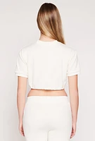 Womens French Terry Toggle Drawstring Hem Crop Top, White,