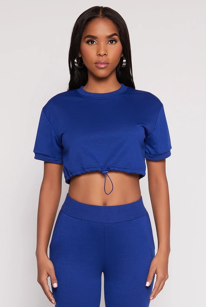 Womens French Terry Toggle Drawstring Hem Crop Top,