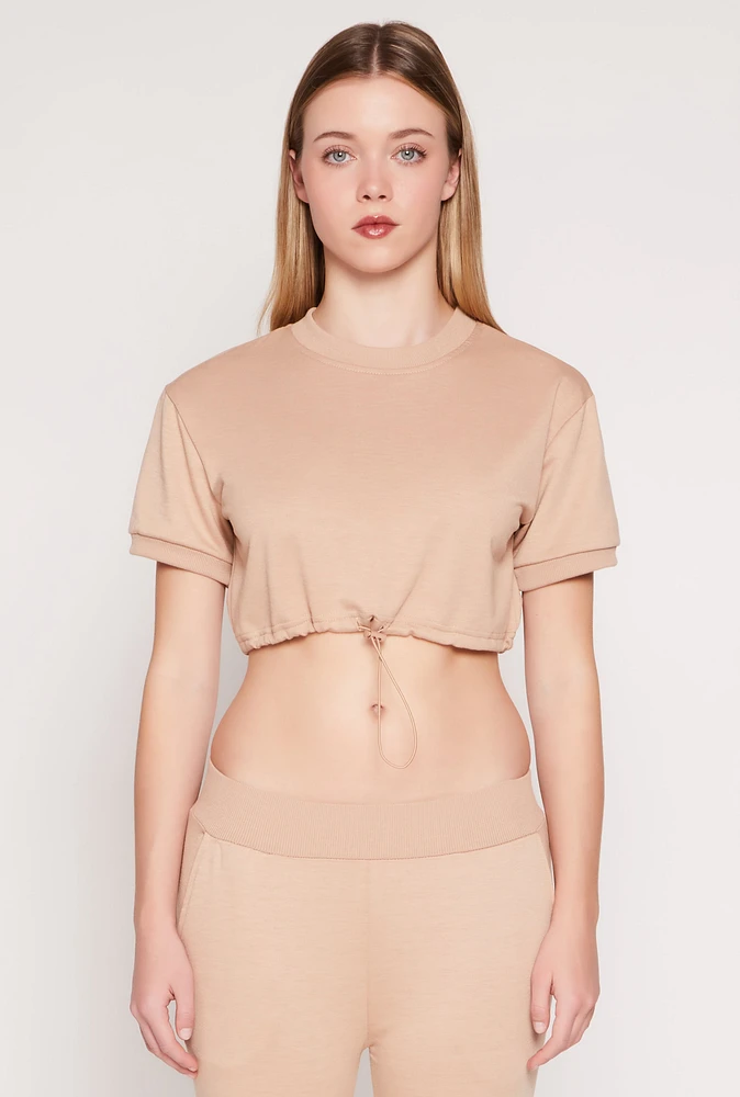Womens French Terry Toggle Drawstring Hem Crop Top,