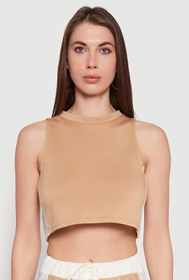 Womens Side Contrast Cropped Tank Top, Beige,