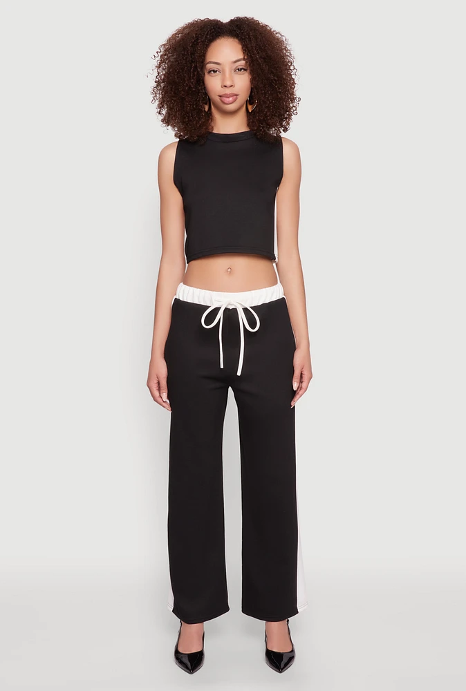 Womens Contrast Trim Drawstring Waist Sweatpants, Black, Size L