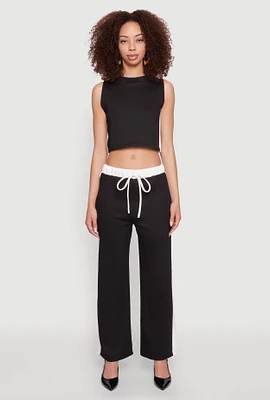 Womens Contrast Trim Drawstring Waist Sweatpants, Black, Size L