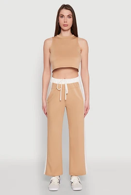 Womens Contrast Trim Drawstring Waist Sweatpants, Khaki,