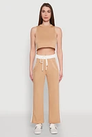 Womens Contrast Trim Drawstring Waist Sweatpants, Khaki,