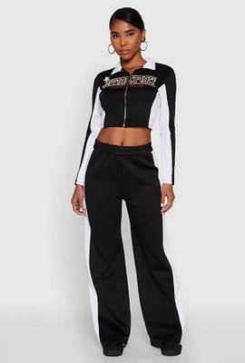 Womens Color Block Detail Wide Leg Pants,