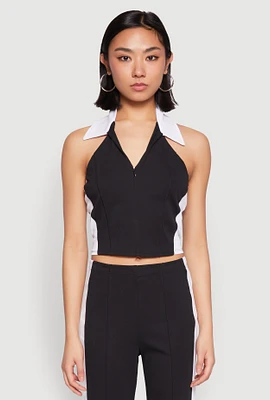 Womens Color Blocked Collared Halter Crop Top, Black, Size M