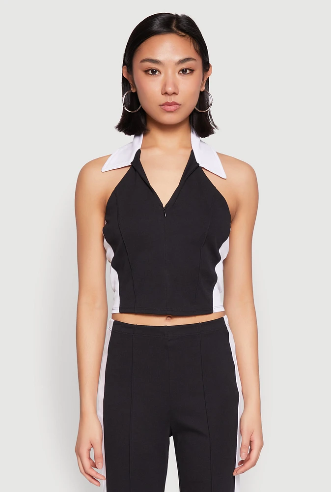 Womens Color Blocked Collared Halter Crop Top,