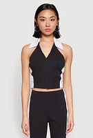 Womens Color Blocked Collared Halter Crop Top,