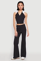 Womens Color Blocked Collared Halter Crop Top,