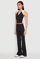 Womens Color Blocked Collared Halter Crop Top,