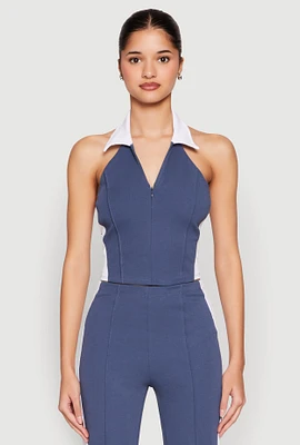 Womens Color Blocked Collared Halter Crop Top, Blue, Size L