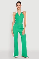 Womens Side Stripe Slit Hem Pintuck Pants, Green,