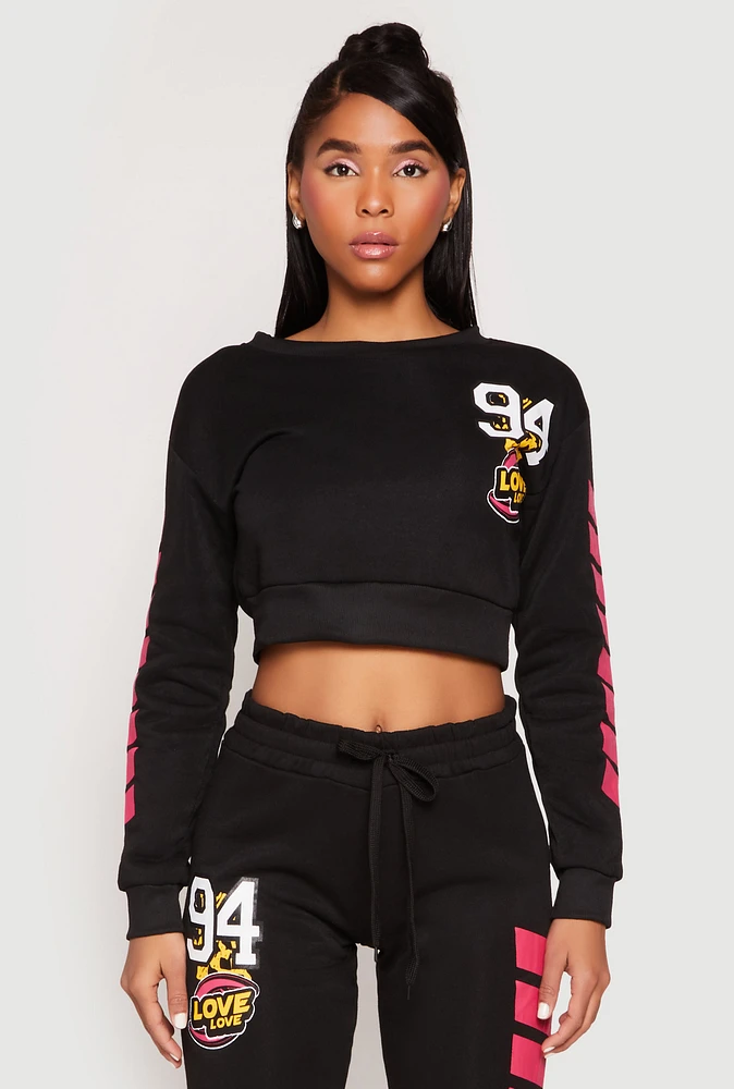 Womens Fleece 94 Love Graphic Cropped Sweatshirt, M