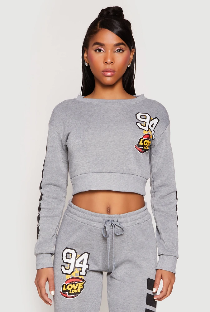 Womens Fleece 94 Love Graphic Cropped Sweatshirt,