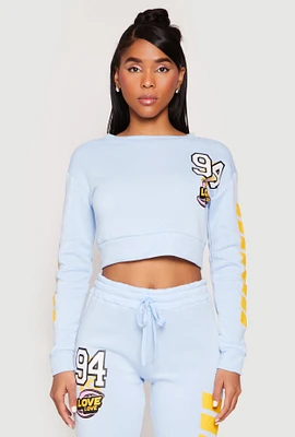 Womens Fleece 94 Love Graphic Cropped Sweatshirt, Blue, Size L