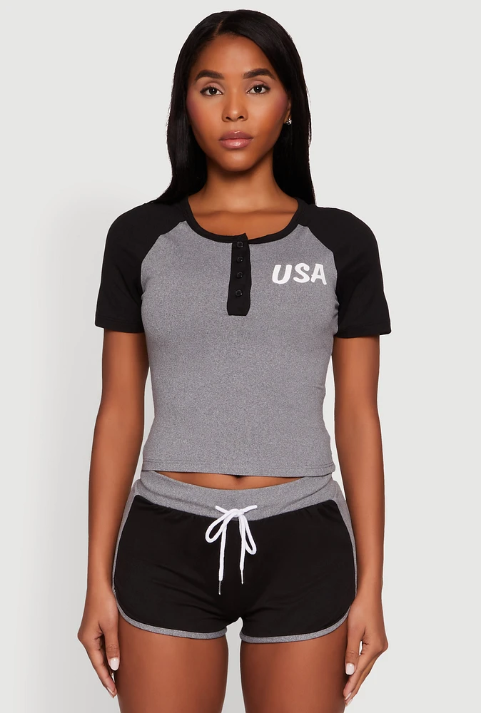 Womens Color Block USA Graphic Baseball Tee, L