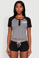 Womens Color Block USA Graphic Baseball Tee, L