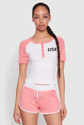 Womens Color Block USA Graphic Baseball Tee, White, Size S