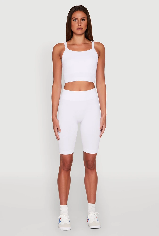 Womens Ribbed Knit Seamless Bike Shorts, White,