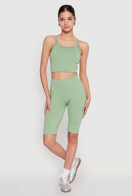 Womens Ribbed Knit Seamless Bike Shorts, Green, Size L-XL