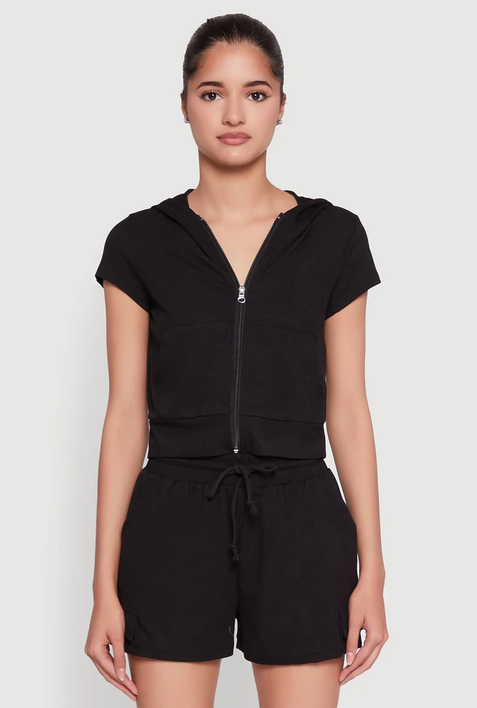 Womens Ribbed Knit Short Sleeve Zip Front Hoodie, M