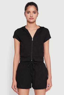 Womens Ribbed Knit Short Sleeve Zip Front Hoodie, M