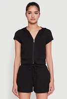 Womens Ribbed Knit Short Sleeve Zip Front Hoodie, M