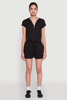Womens Ribbed Knit Short Sleeve Zip Front Hoodie, M