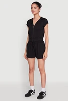 Womens Ribbed Knit Short Sleeve Zip Front Hoodie, M