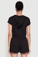Womens Ribbed Knit Short Sleeve Zip Front Hoodie, M