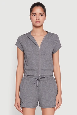 Womens Ribbed Knit Short Sleeve Zip Front Hoodie, Grey, Size M