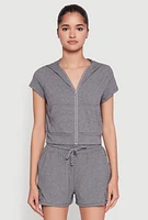 Womens Ribbed Knit Short Sleeve Zip Front Hoodie, Grey, Size M