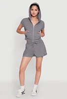Womens Ribbed Knit Short Sleeve Zip Front Hoodie, Grey, Size M