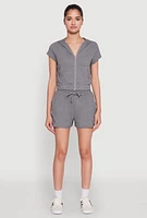 Womens Ribbed Knit Short Sleeve Zip Front Hoodie, Grey, Size M