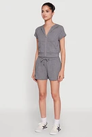 Womens Ribbed Knit Short Sleeve Zip Front Hoodie, Grey, Size M