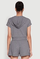 Womens Ribbed Knit Short Sleeve Zip Front Hoodie, Grey, Size M