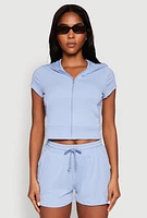 Womens Ribbed Knit Short Sleeve Zip Front Hoodie, S