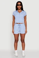 Womens Ribbed Knit Short Sleeve Zip Front Hoodie, S